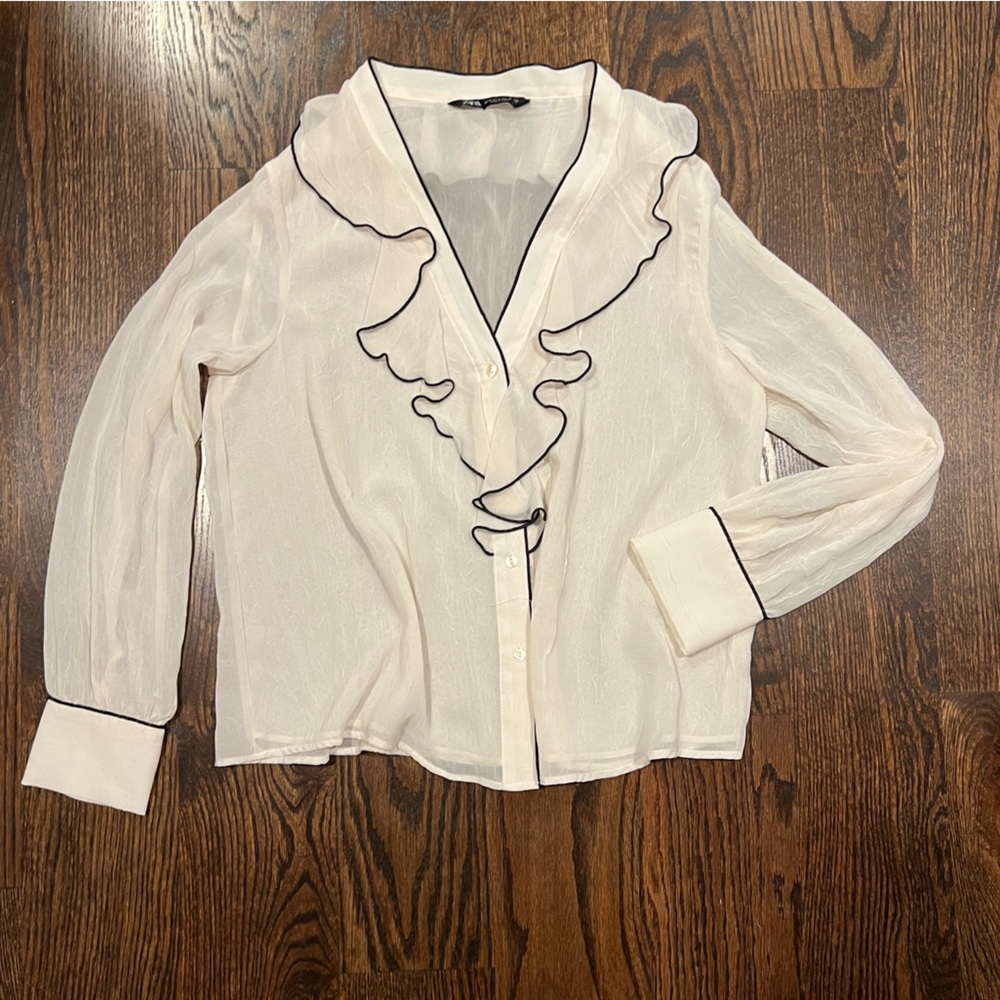 Zara Sheer White Ruffle Trim Blouse (Size M)